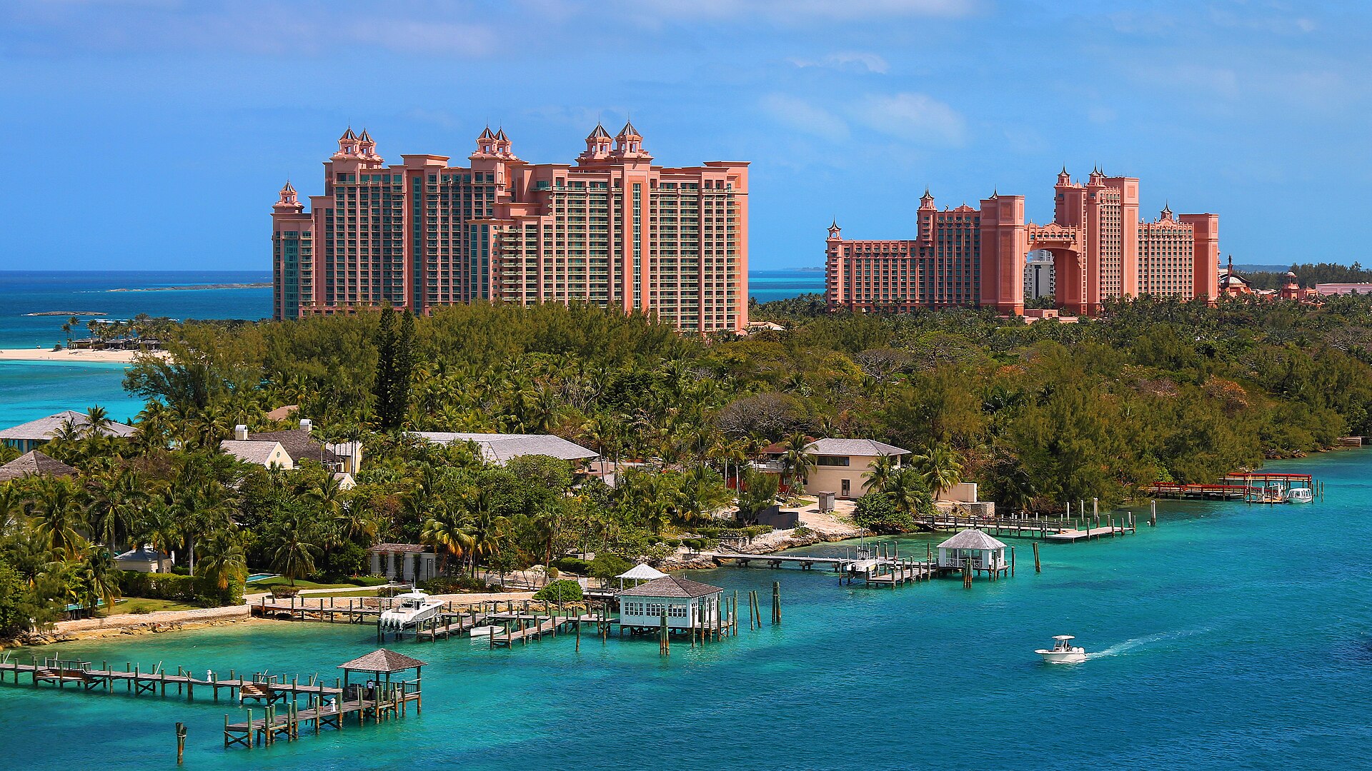 Aerial view of the Atlantis Paradise Island resort complex and its waterpark