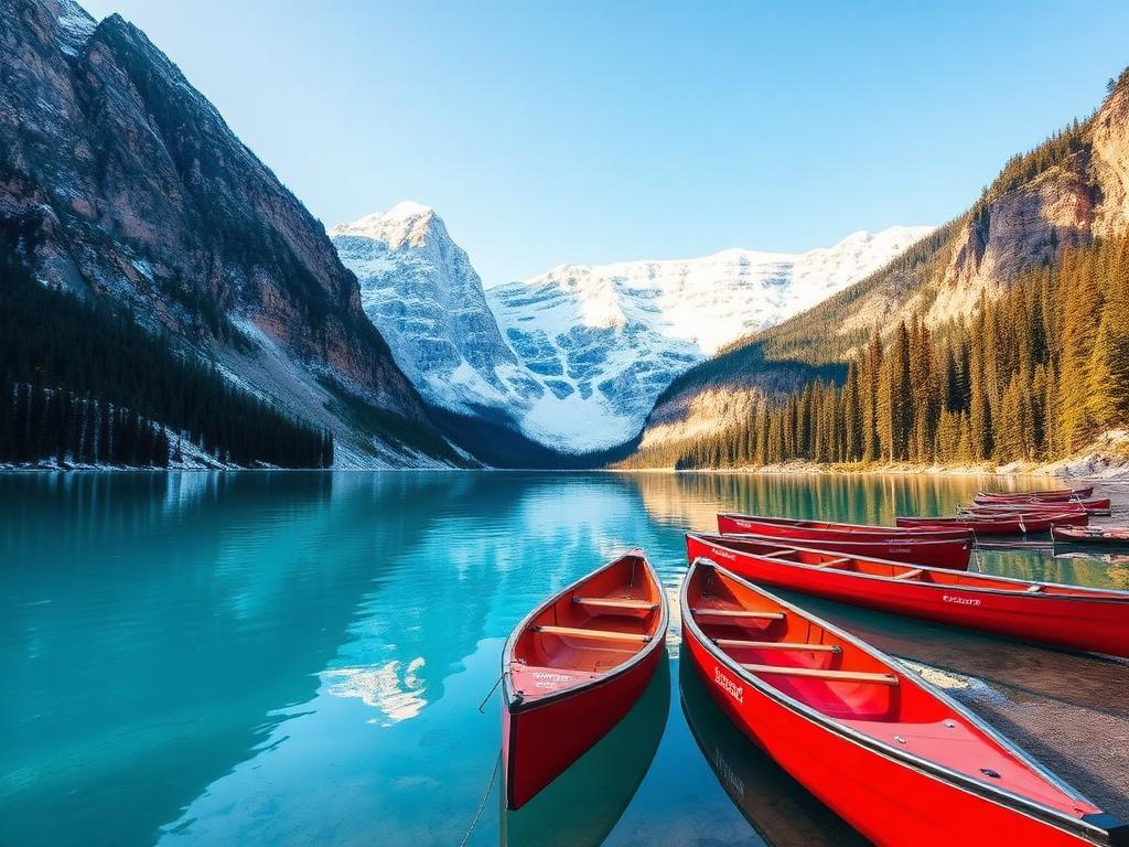 Turquoise mountain lake with canoes in the Canadian Rockies