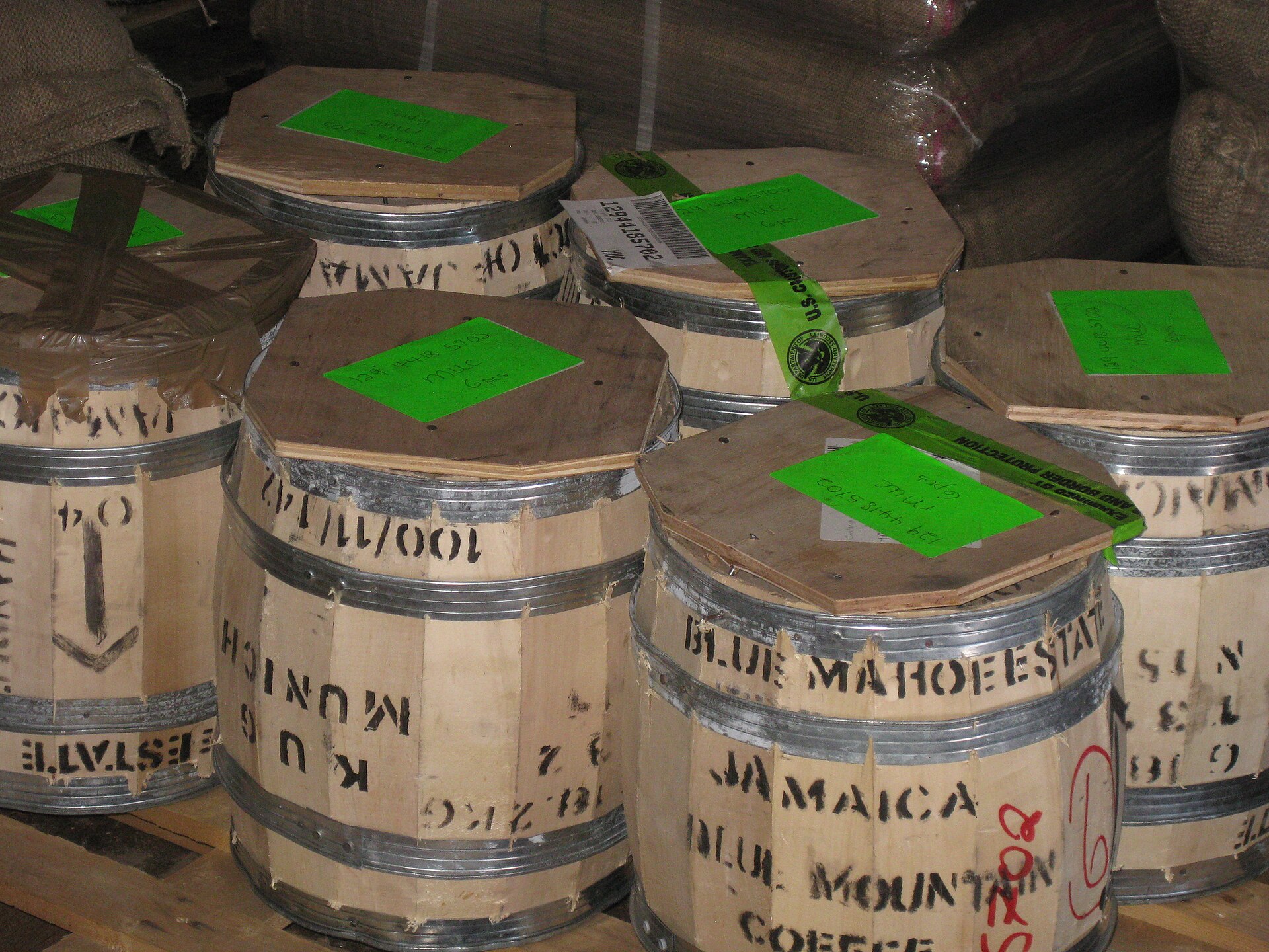 Wooden barrels of Jamaica Blue Mountain coffee beans