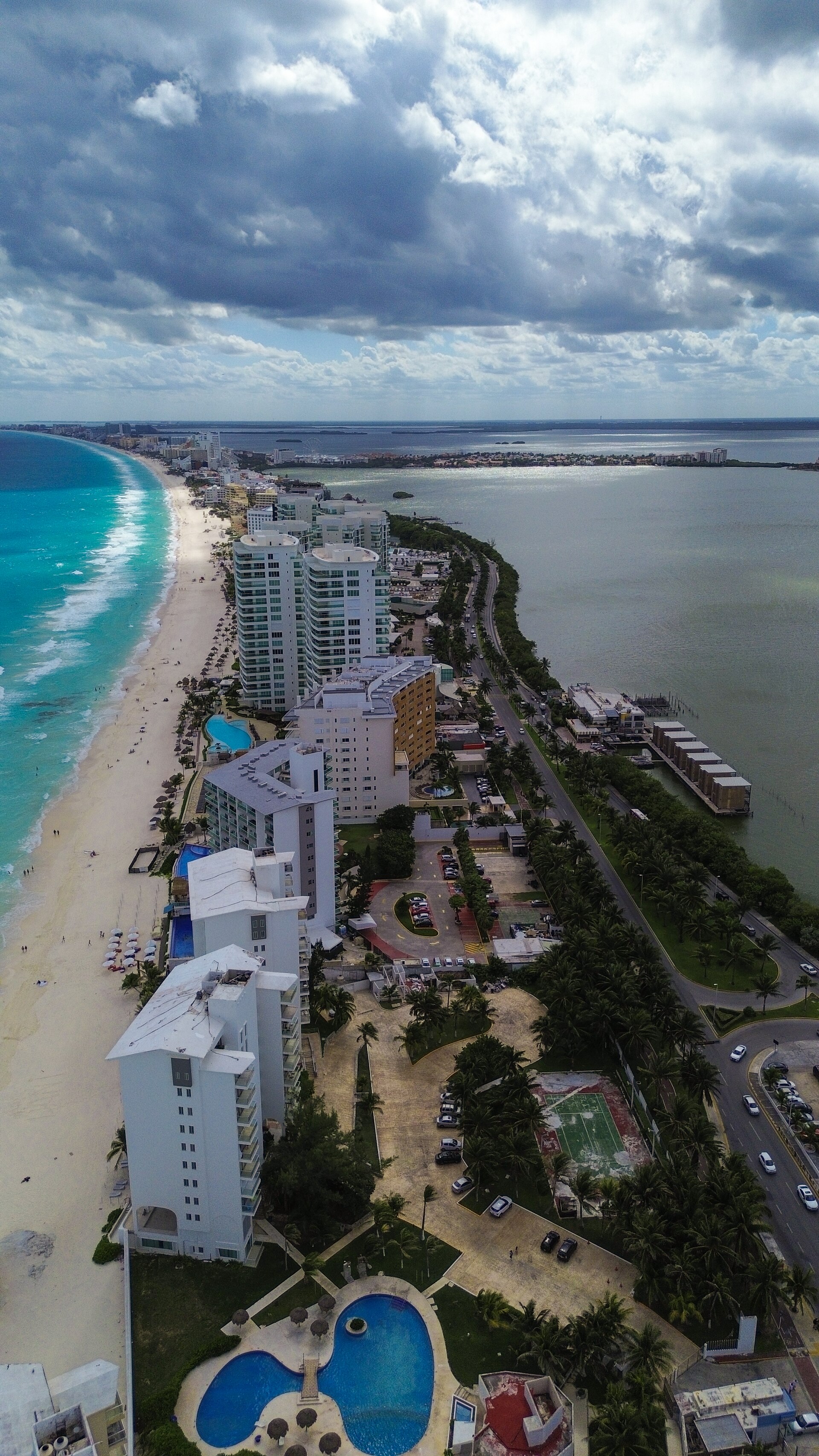 Aerial view of Playa Gaviota Azul in Cancún with resorts along the coast