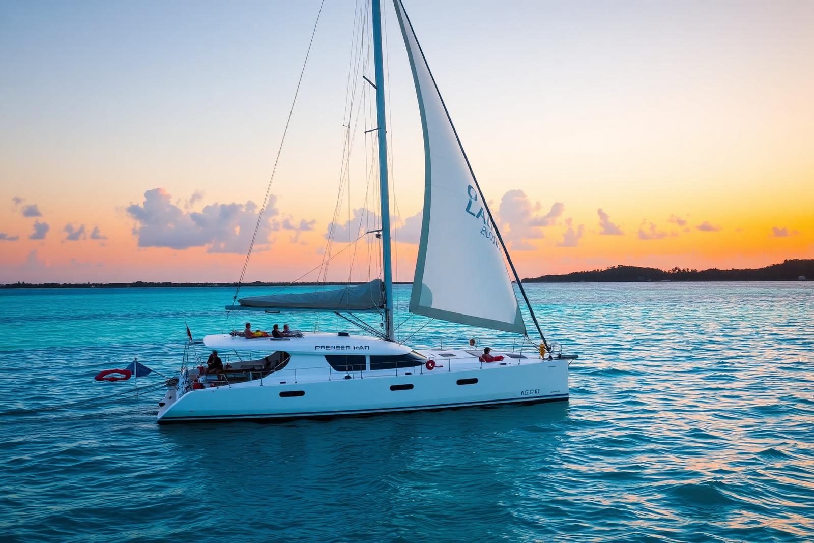 Catamaran sailing on calm turquoise water at sunset off a Caribbean coast