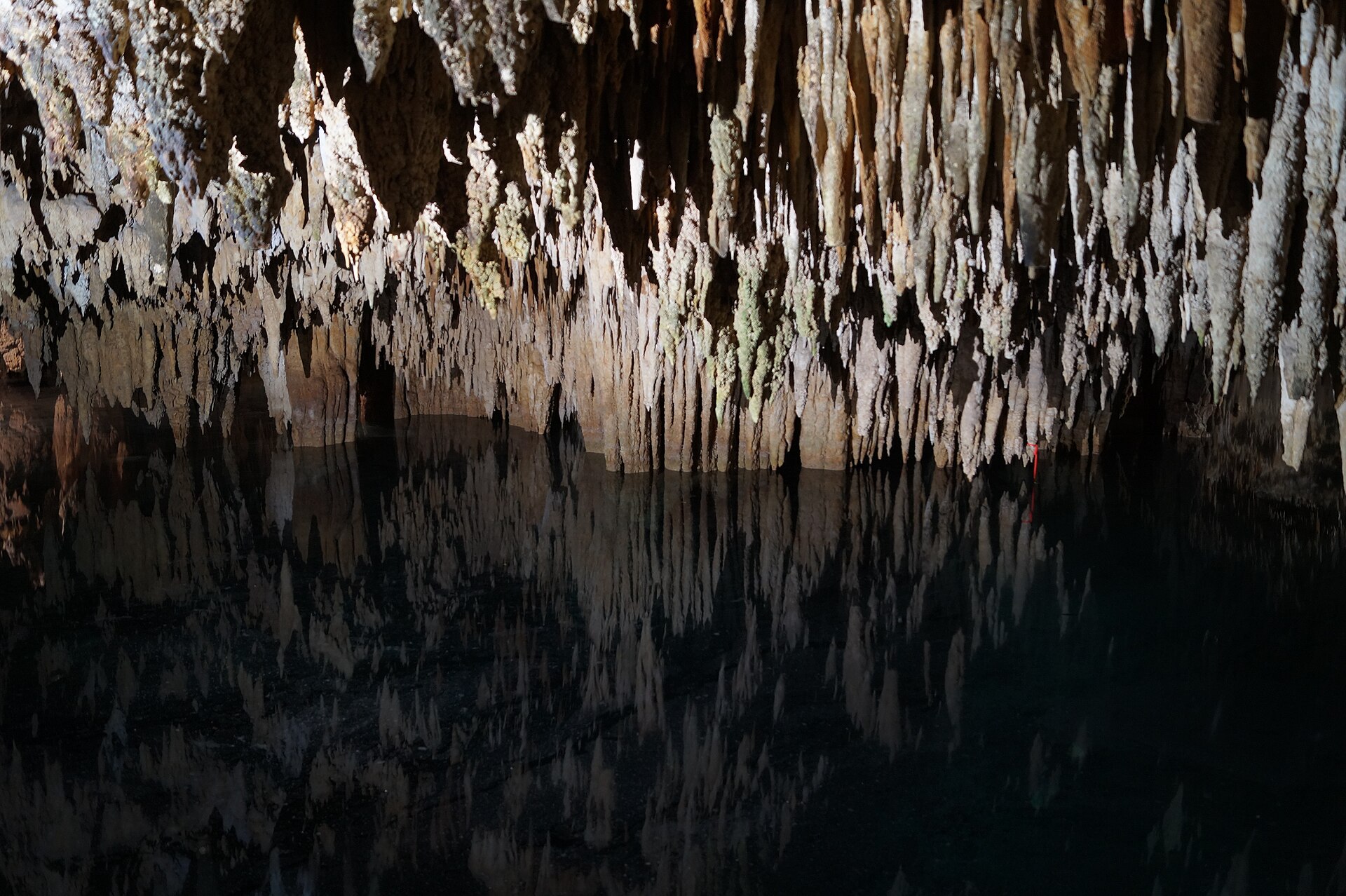 Stalactites and clear water inside a cenote cave near Akumal
