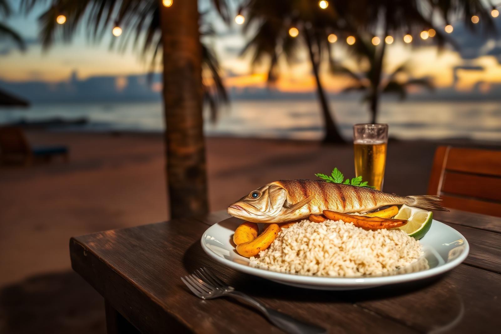 Grilled fresh fish with plantains served at a beachfront table at dusk