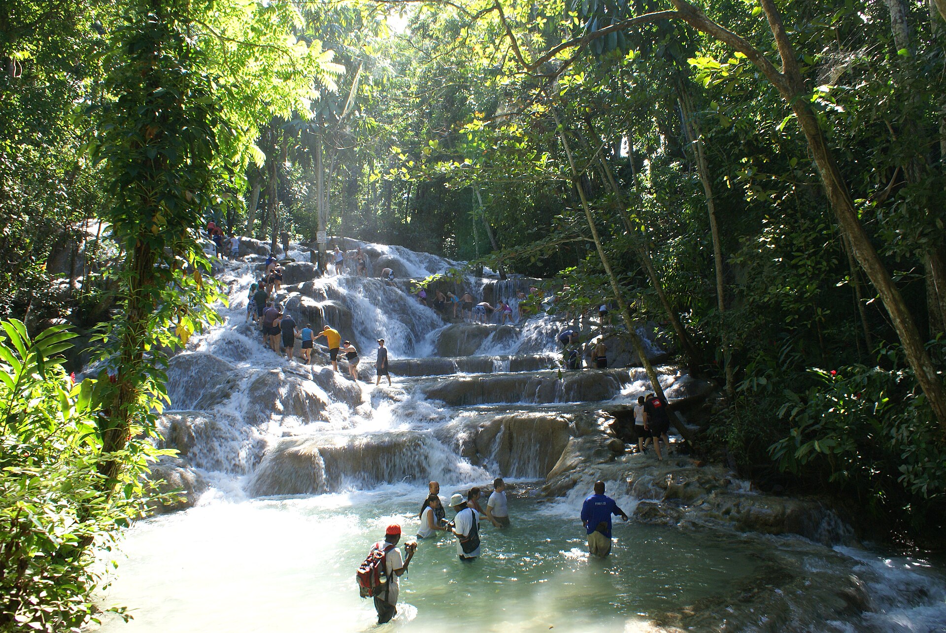 Tourists climbing the terraced limestone steps of Dunn's River Falls in Ocho Rios