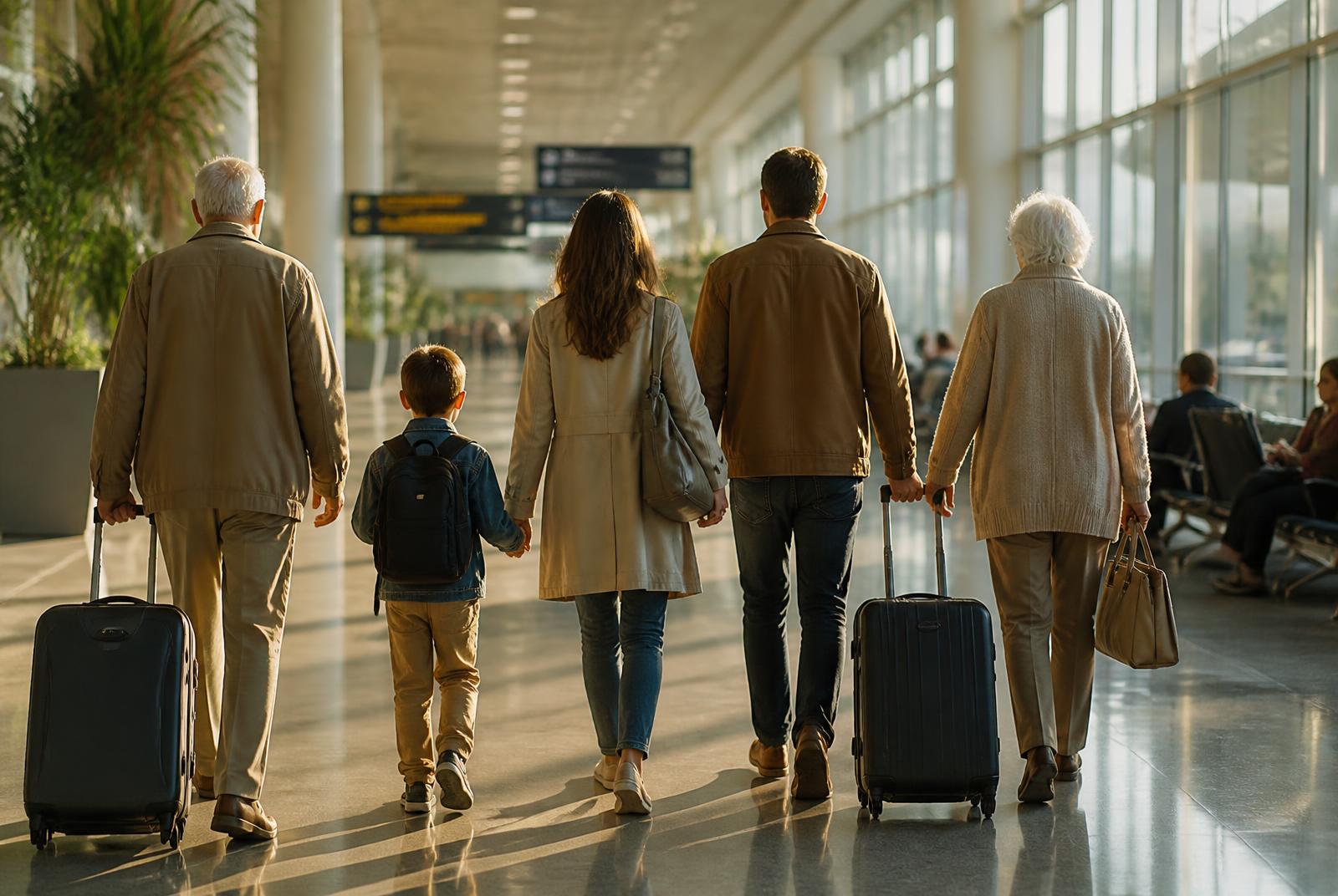 Travelers walking through an airport terminal with luggage