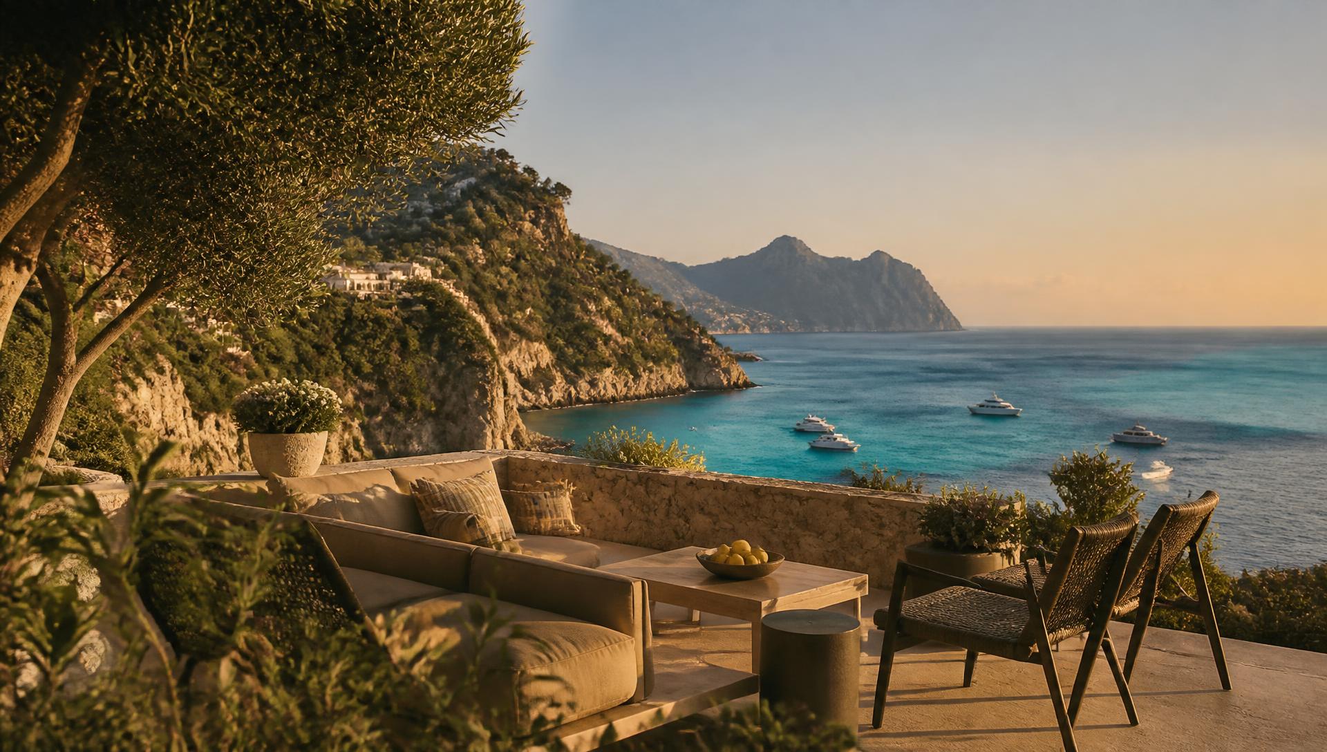 Coastal terrace overlooking a turquoise bay at sunset