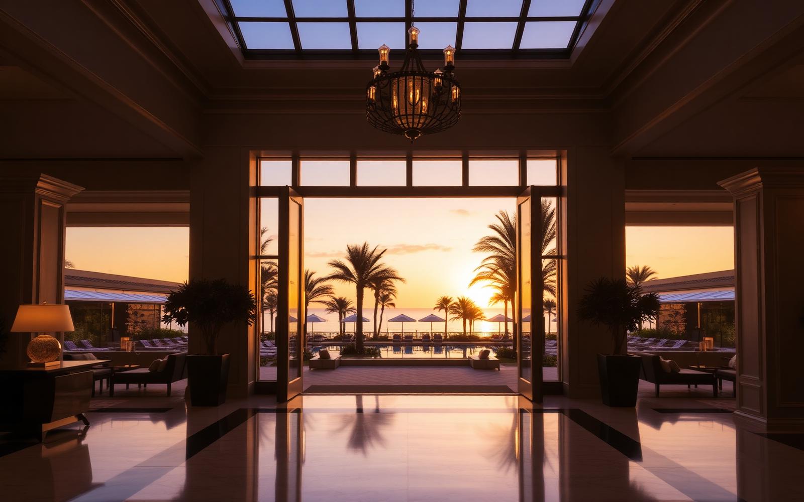 Luxury resort lobby opening onto a palm-lined pool at sunset
