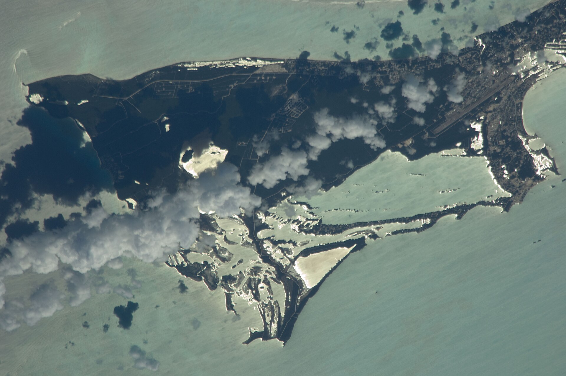 Satellite view of the Turks and Caicos Islands showing the reef-fringed Caicos bank