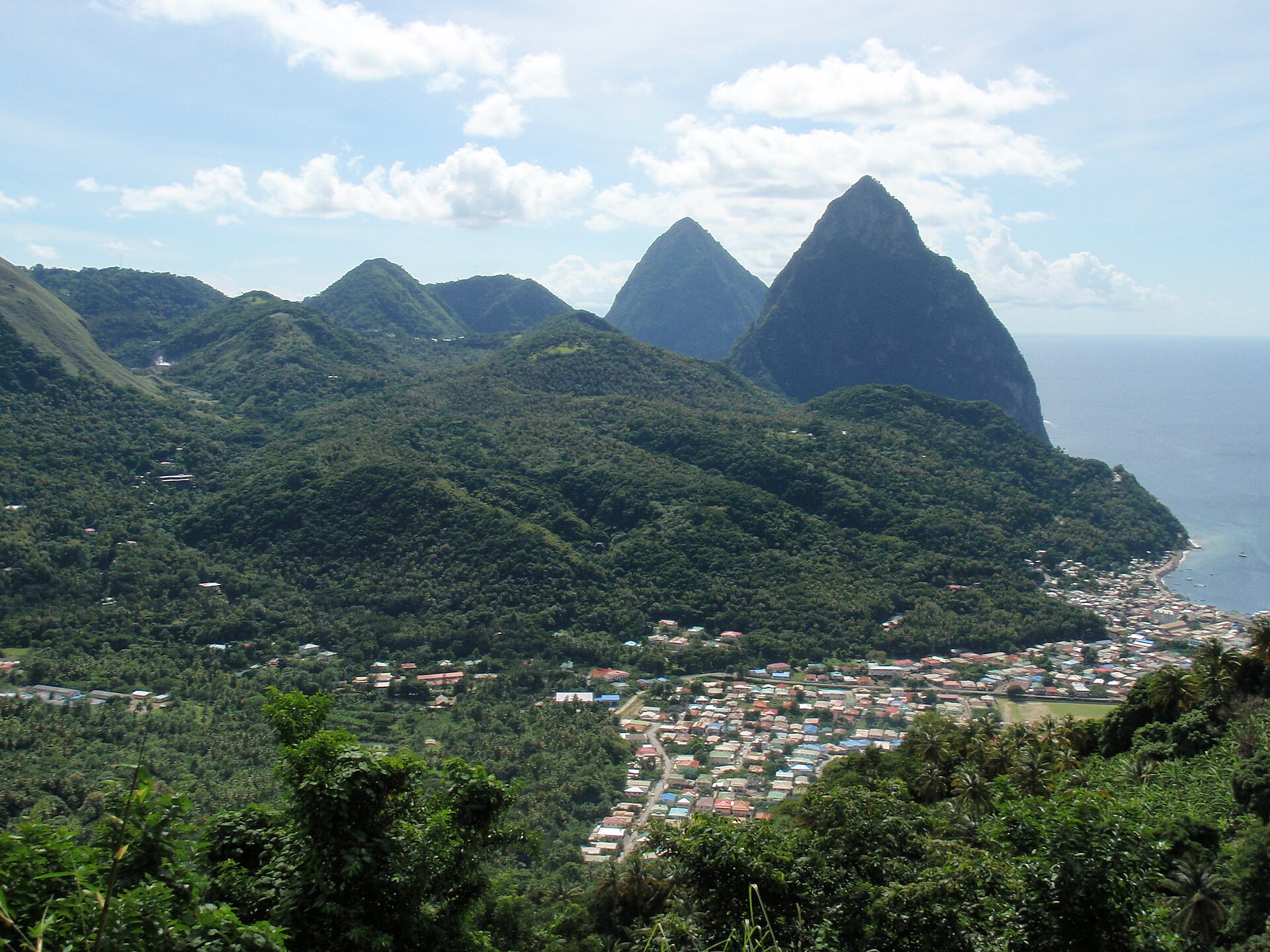 View over the town of Soufrière and the surrounding volcanic hills