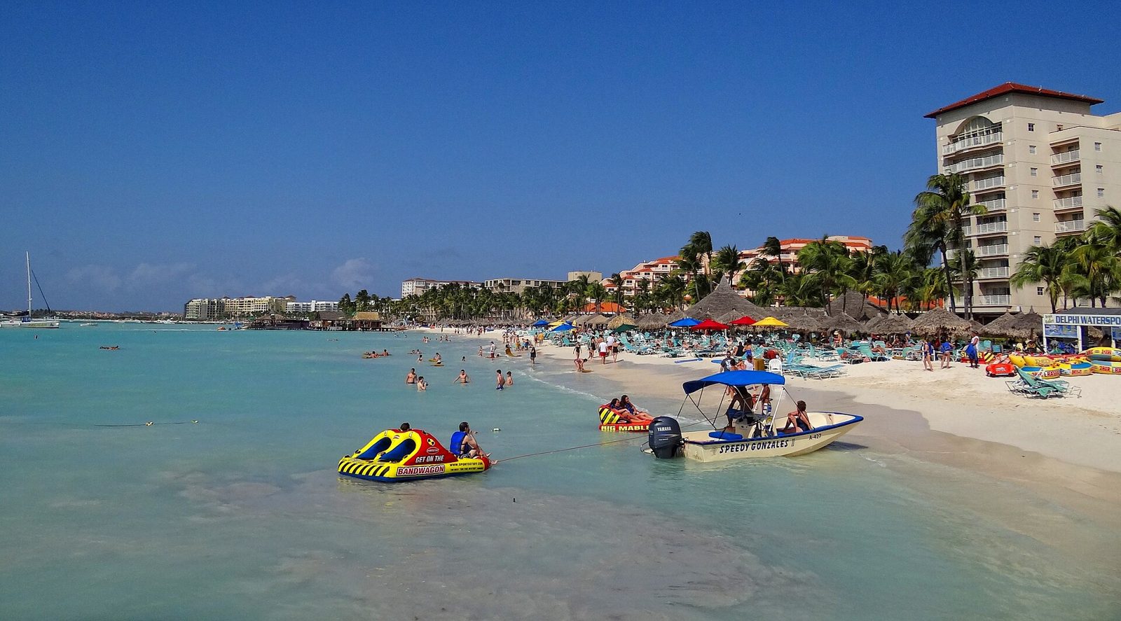 Palm Beach in Aruba lined with high-rise resorts and palm trees