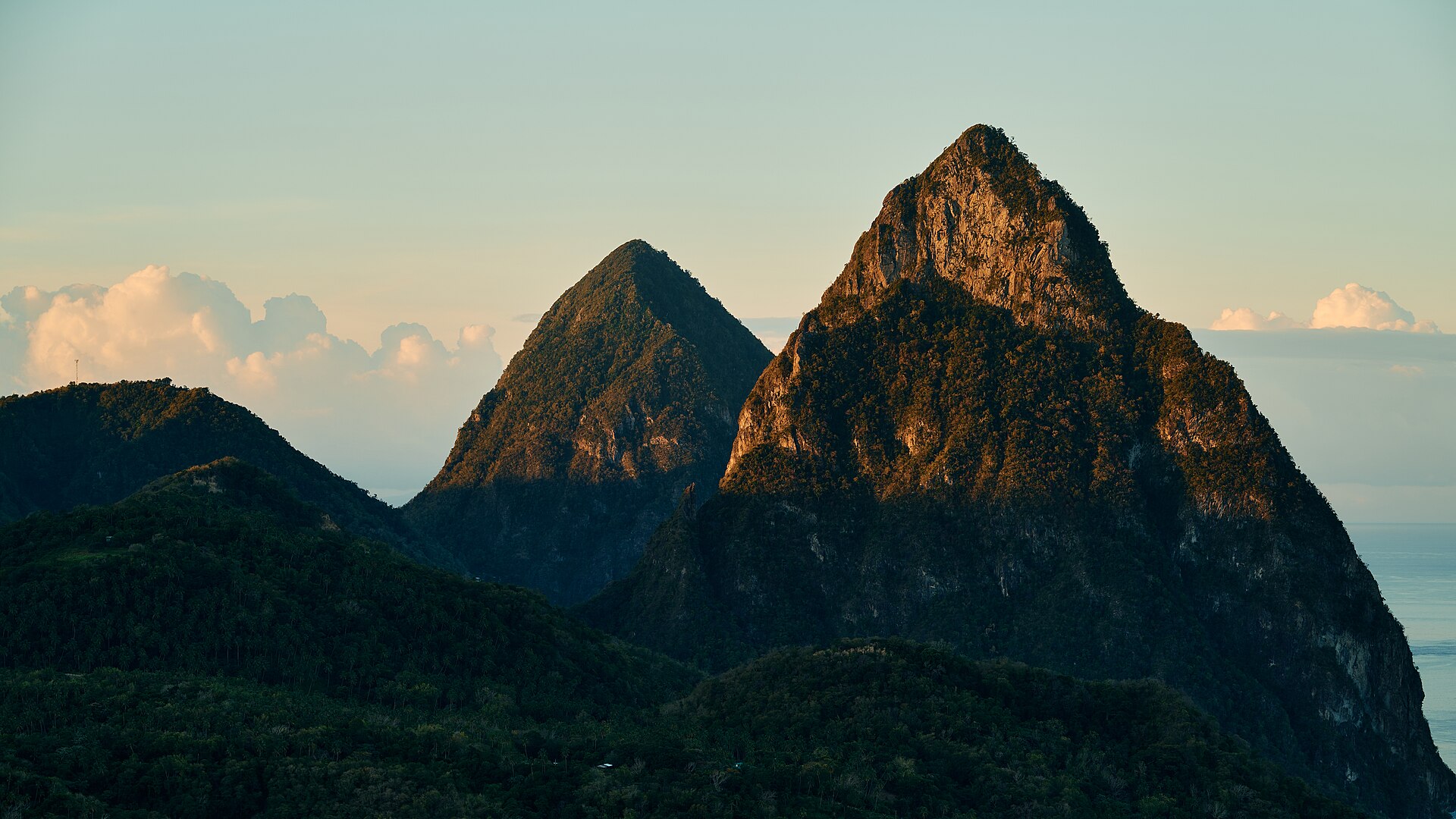 Layered mountain ridges leading to the twin Pitons above Soufrière, St. Lucia