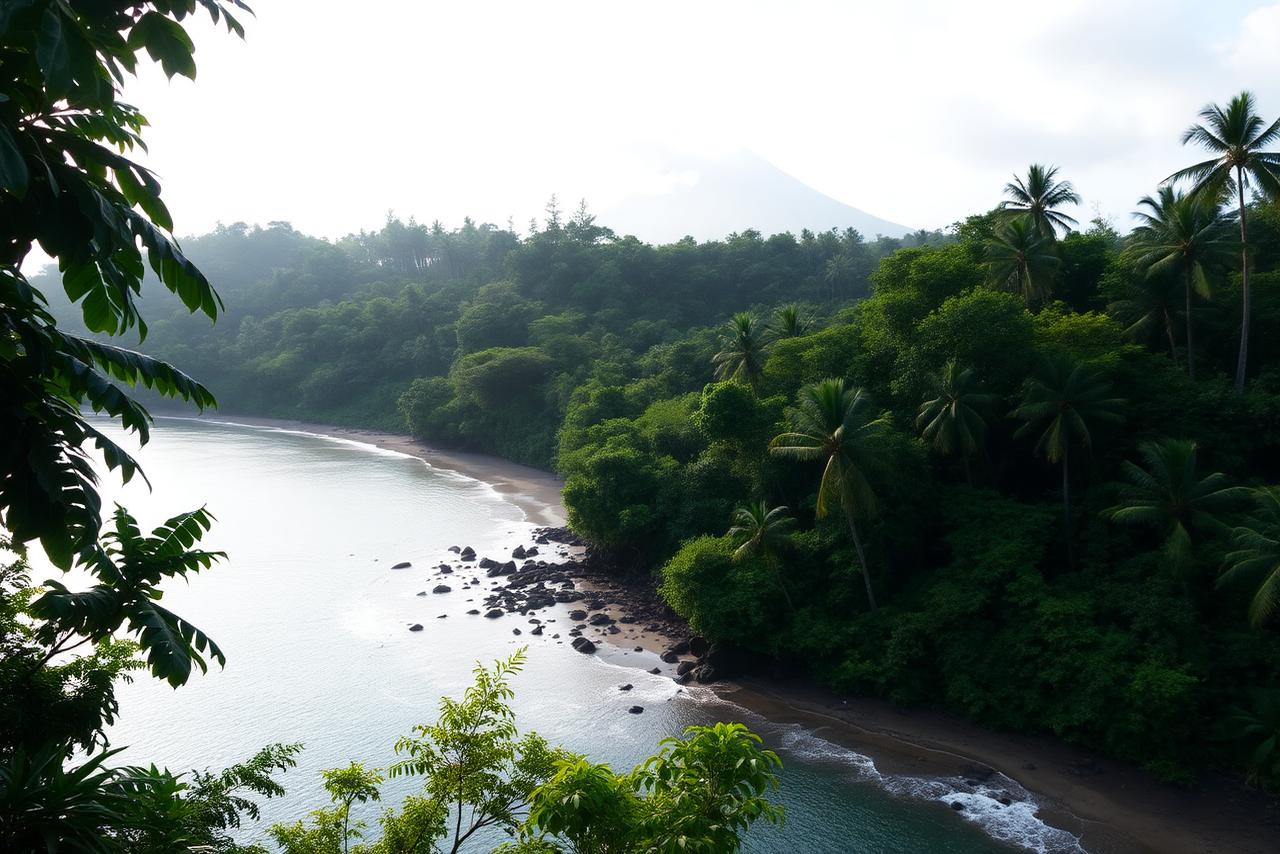 Rainforest coastline with a volcano in the distance