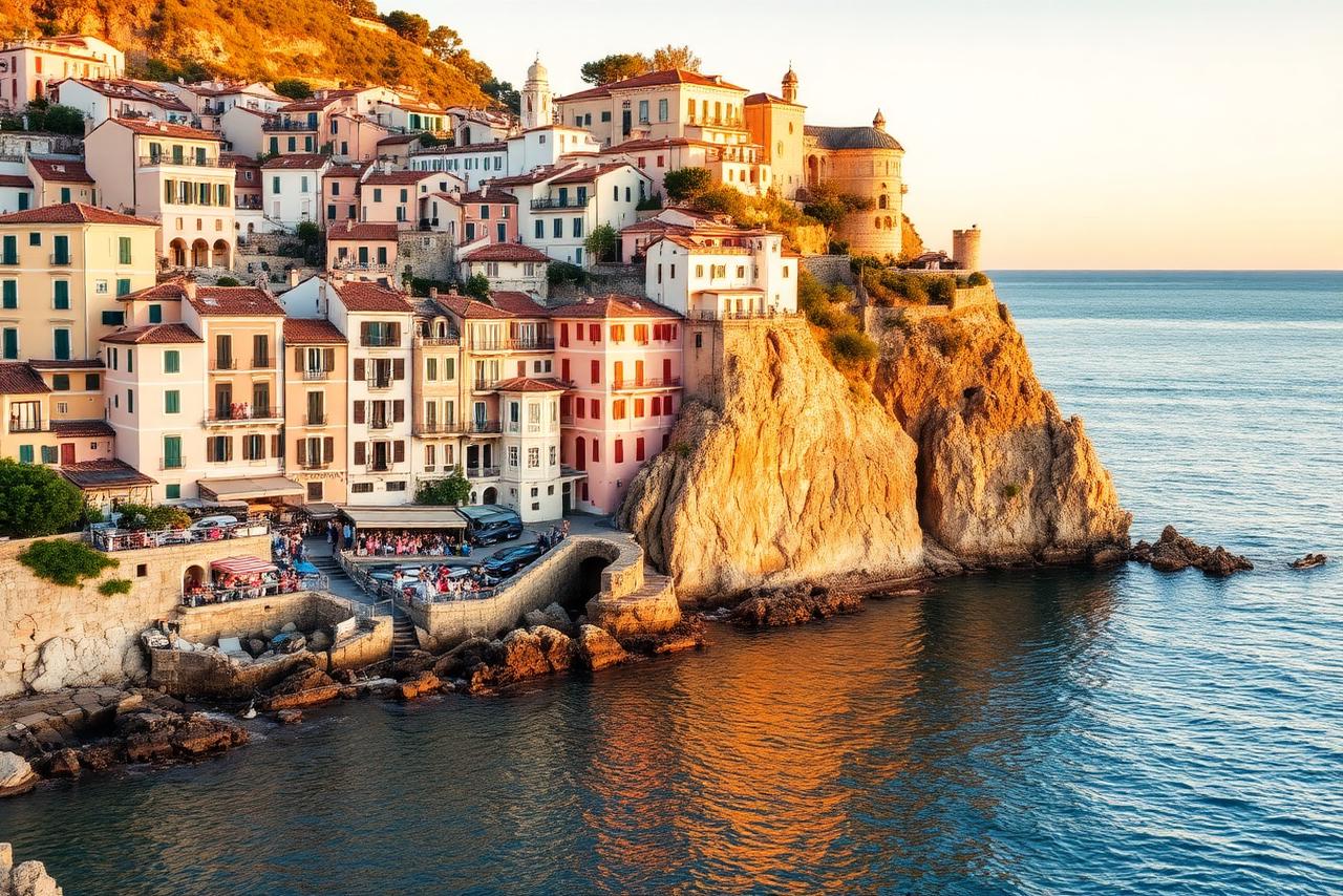Historic European coastal town at golden hour