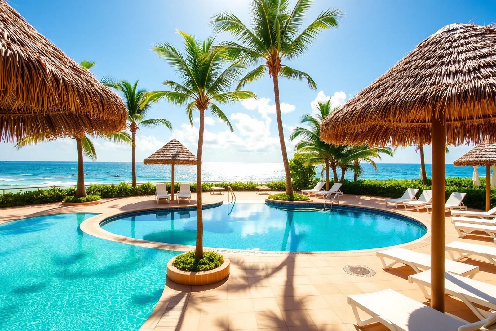 Caribbean resort pool deck with palapas, loungers, and palm trees beside the ocean