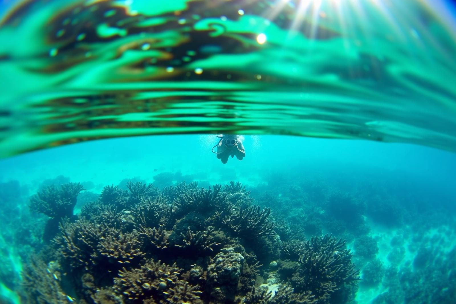 Snorkeler above a shallow coral reef in clear turquoise Caribbean water