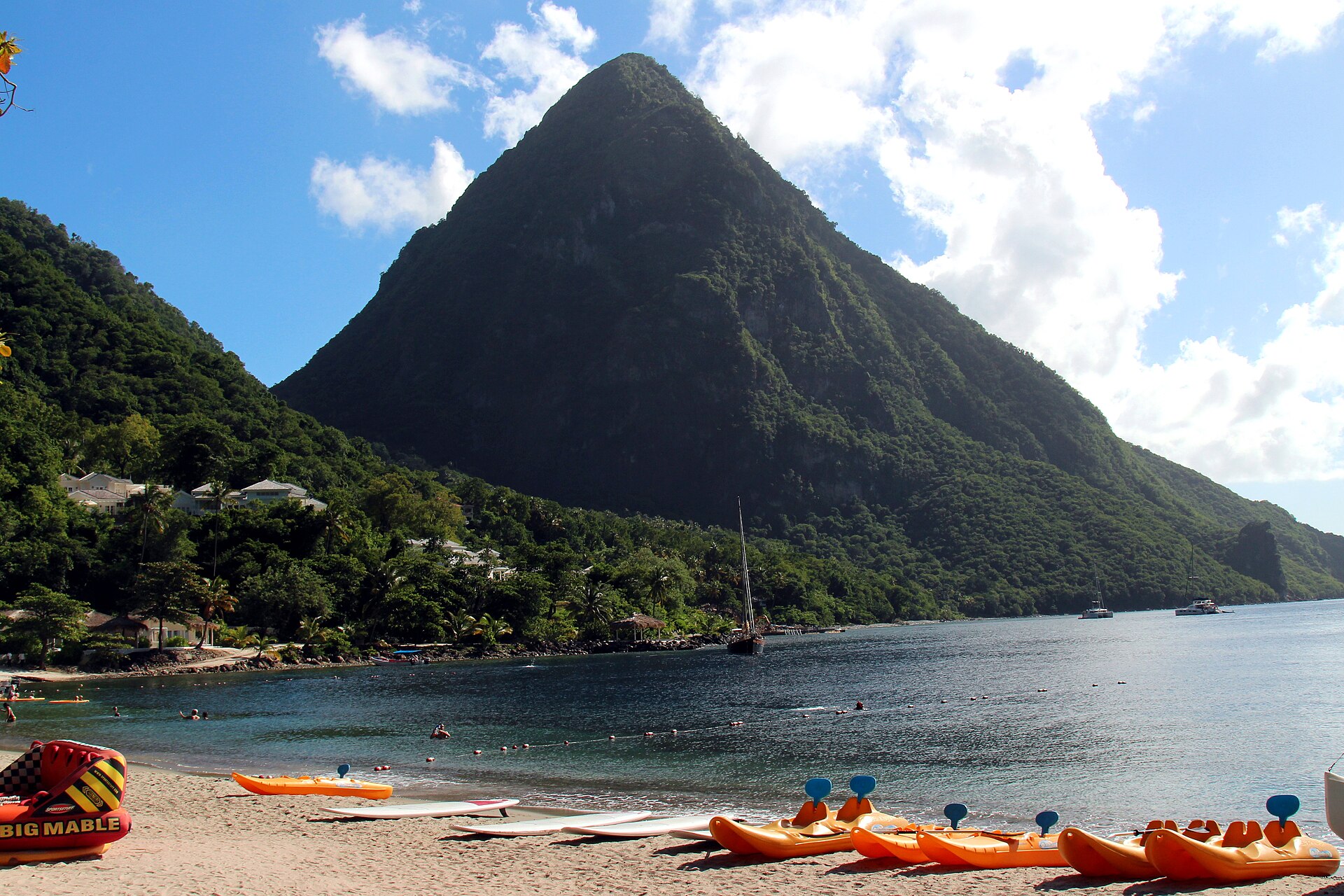Sugar Beach resort framed between the two Pitons