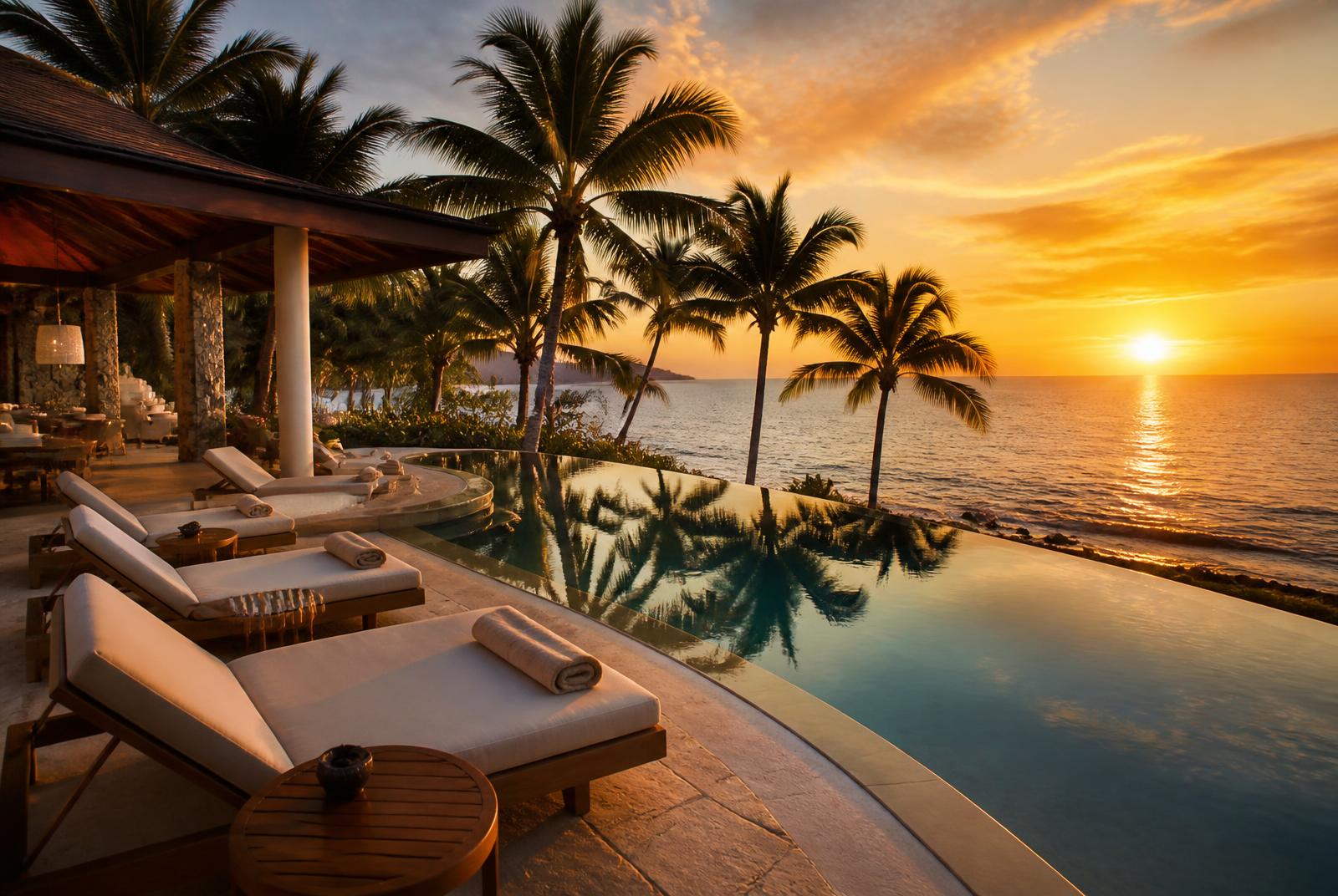 Resort infinity pool overlooking the ocean at sunset